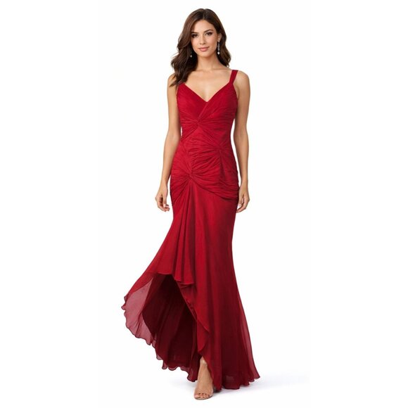 Vintage 1990s Lillie Rubin Crimson Red Assym Hem 100% Silk Prom Evening Gown, 2 - Picture 1 of 11